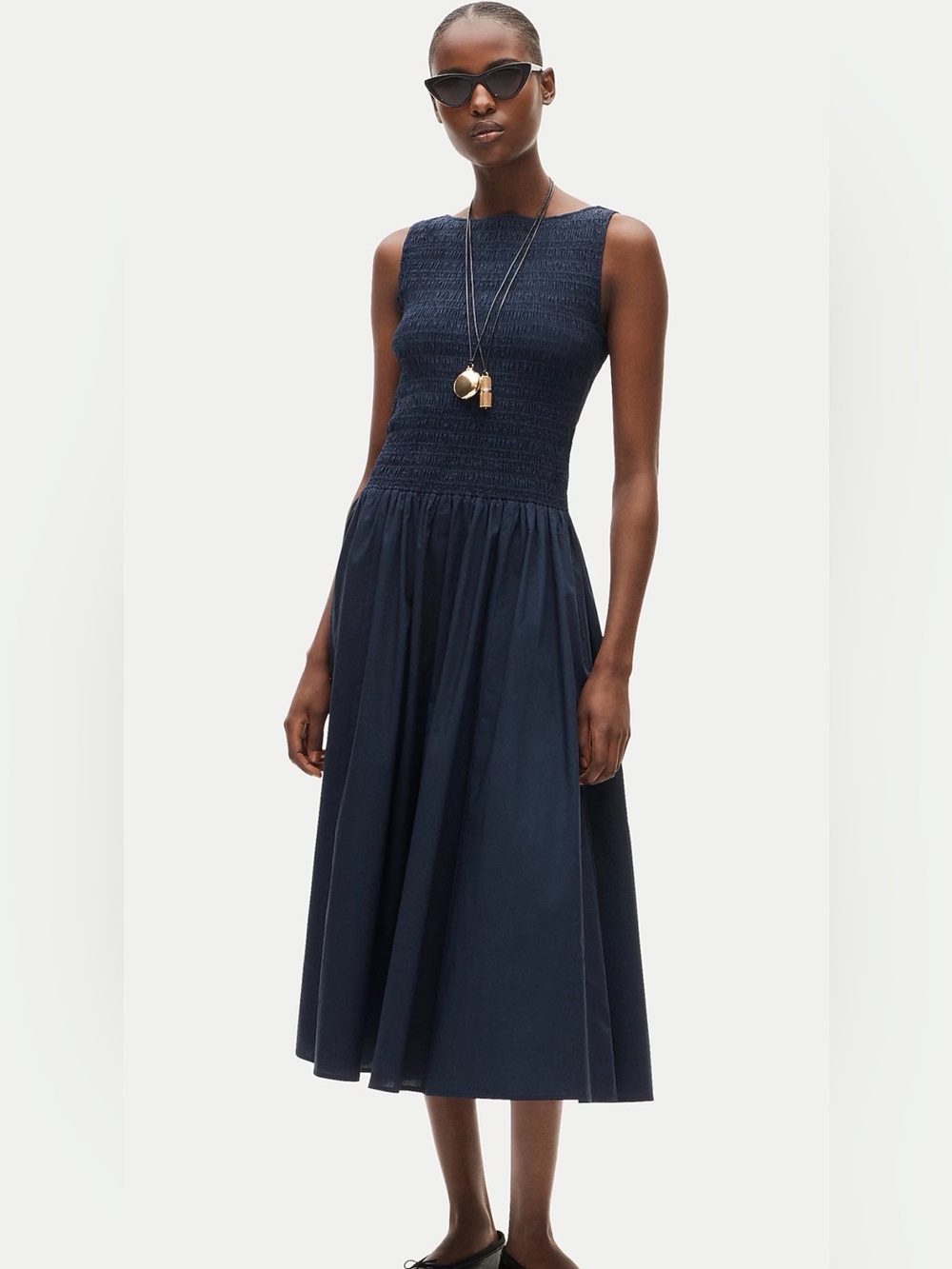 J.Crew Lina Smocked Midi Dress Navy Cotton Sleeveless NWT Size Small
